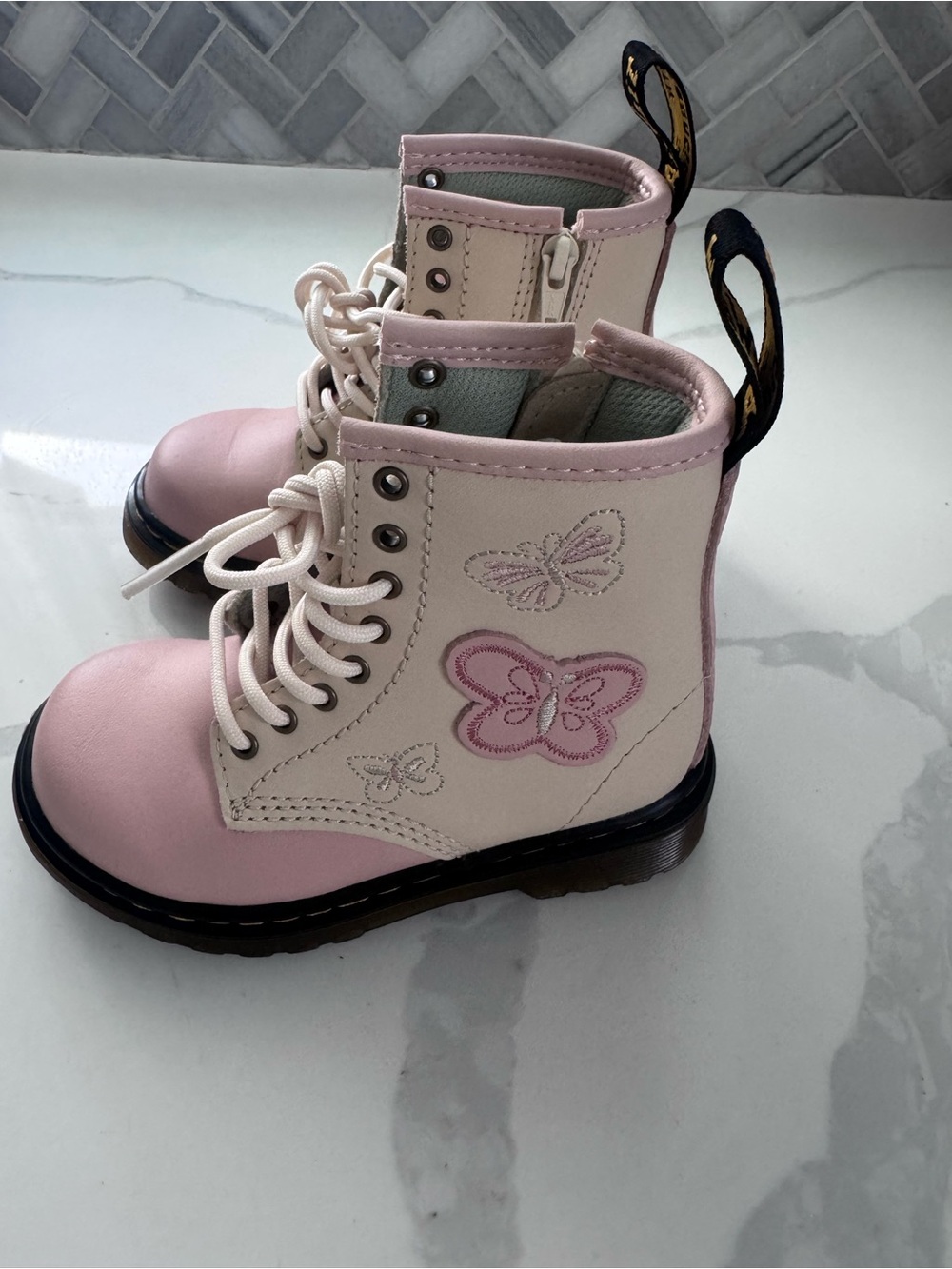 Dr. Martens Girls Pink and Cream Butterfly Lace-Up Boots
